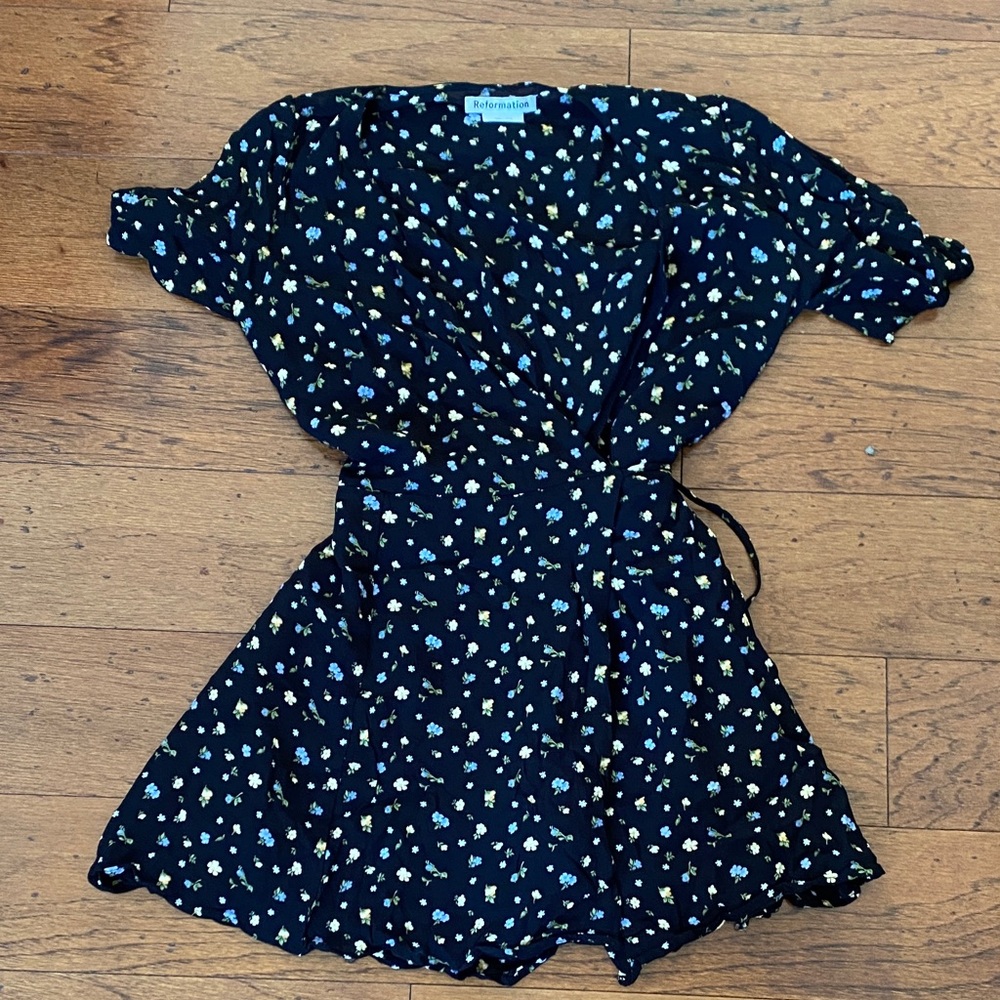 Reformation wrap Mini Dress with Blue and Yellow Floral Print